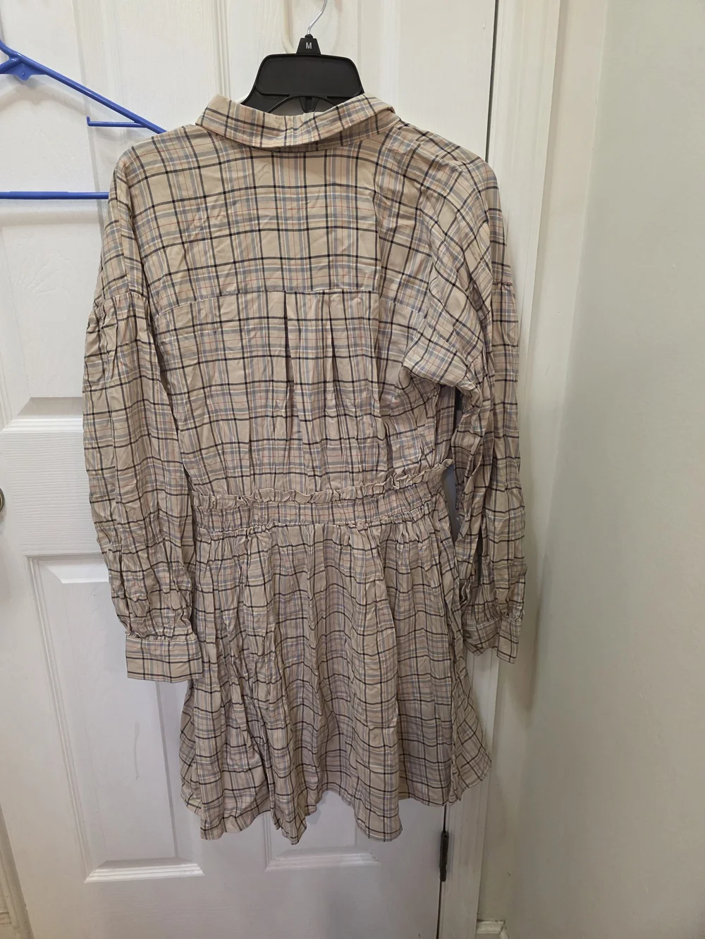 Blu Pepper Beige Plaid Long Sleeve Shirt Dress